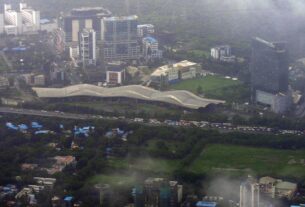 Aerial view of the CIDCO Exhibition Centre and surrounding buildings in Navi Mumbai