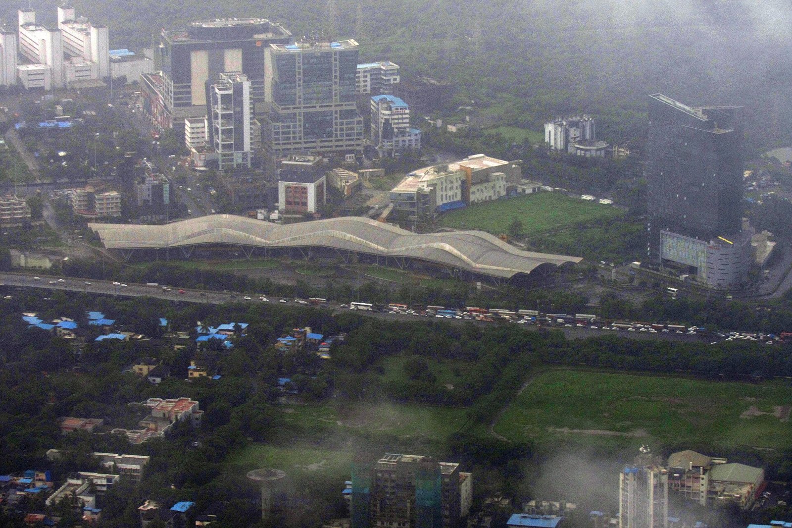 Aerial view of the CIDCO Exhibition Centre and surrounding buildings in Navi Mumbai