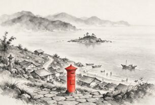 Ink wash painting style illustration of a seaside neighbourhood with a red letterbox, not an actual photograph
