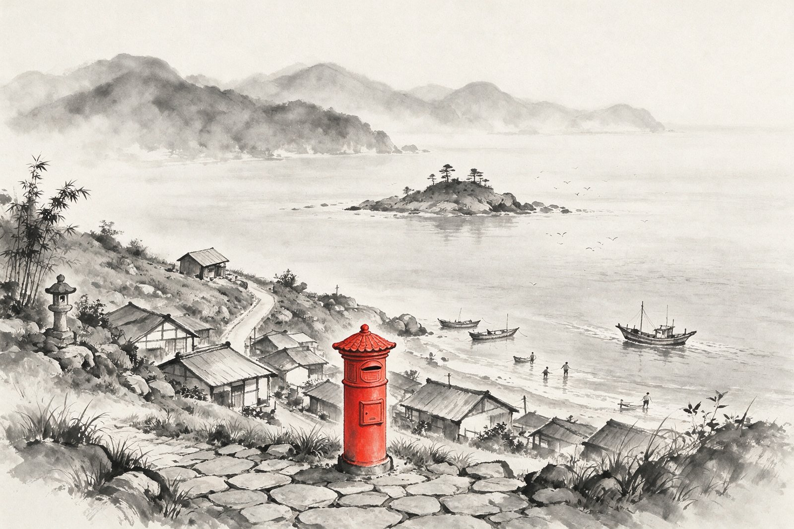 Ink wash painting style illustration of a seaside neighbourhood with a red letterbox, not an actual photograph