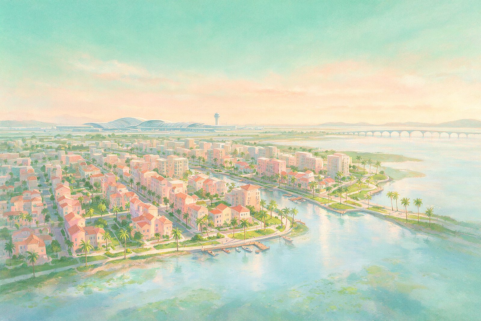 Illustration of a planned neighbourhood beside a creek with an airport roof and a sea-link bridge, not an actual photograph