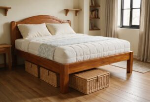 Under-bed storage containers beneath a visible bed frame and mattress in a small Indian apartment bedroom