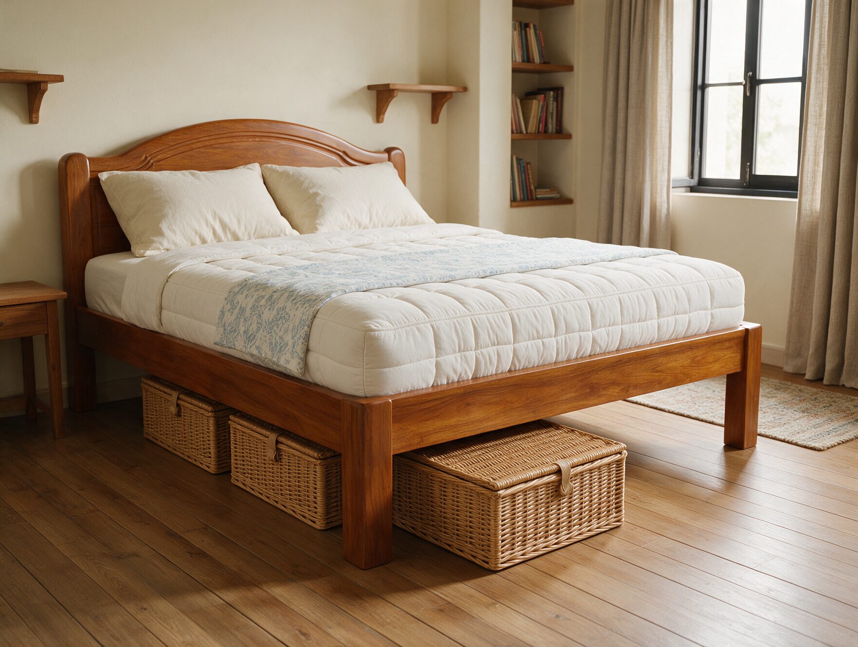 Under-bed storage containers beneath a visible bed frame and mattress in a small Indian apartment bedroom