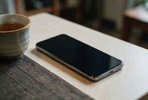 A smartphone with a dark screen lying on a table next to a cup of tea