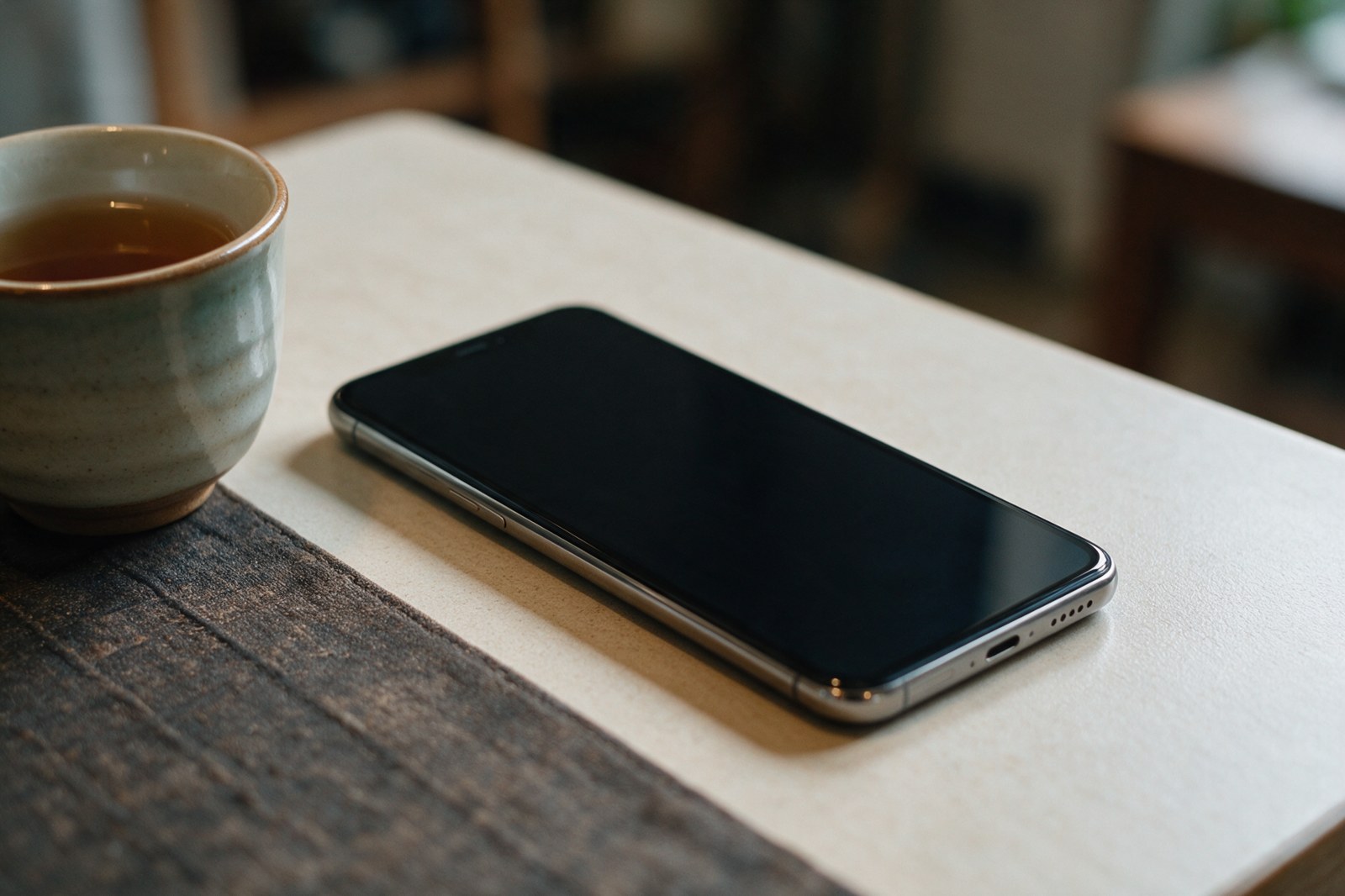 A smartphone with a dark screen lying on a table next to a cup of tea