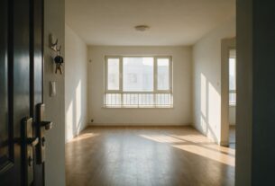 An empty living room with keys hanging on a hook by the door