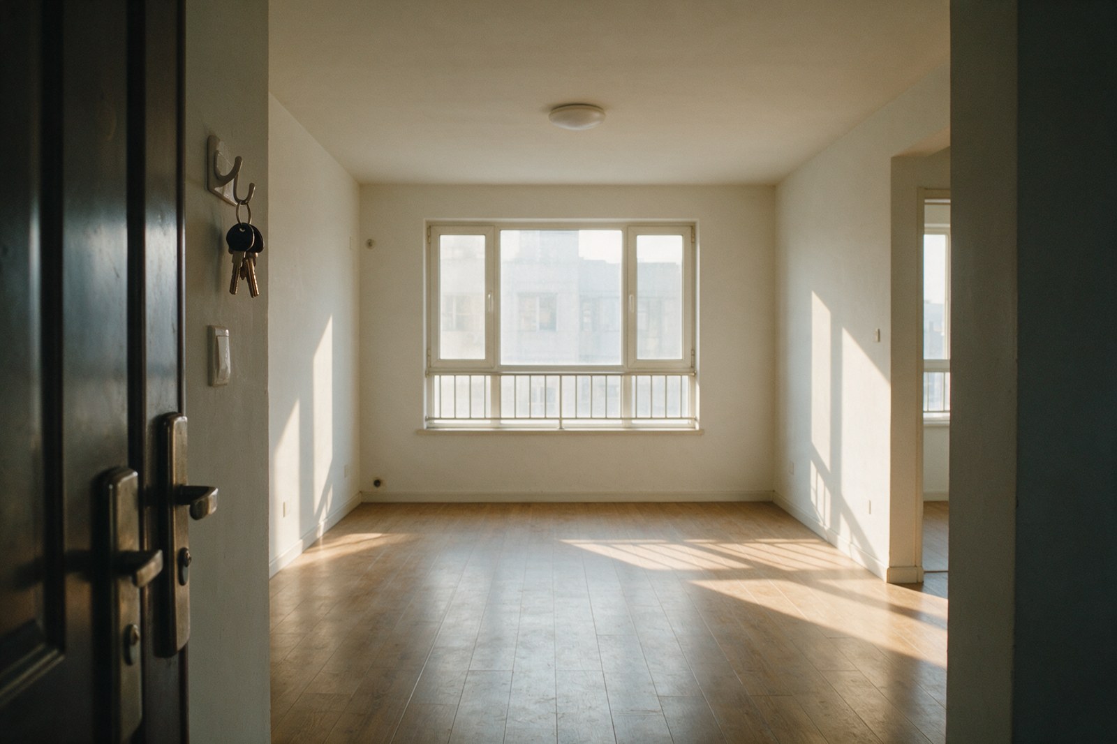 An empty living room with keys hanging on a hook by the door