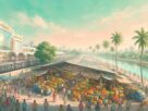 Illustration of a Vashi-style district with a mall, a train station, a wholesale fruit and vegetable market and a creek promenade, not an actual photograph