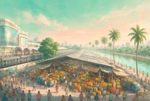 Illustration of a Vashi-style district with a mall, a train station, a wholesale fruit and vegetable market and a creek promenade, not an actual photograph