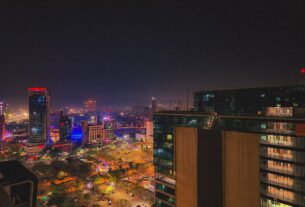 Vashi skyline at night with lit towers