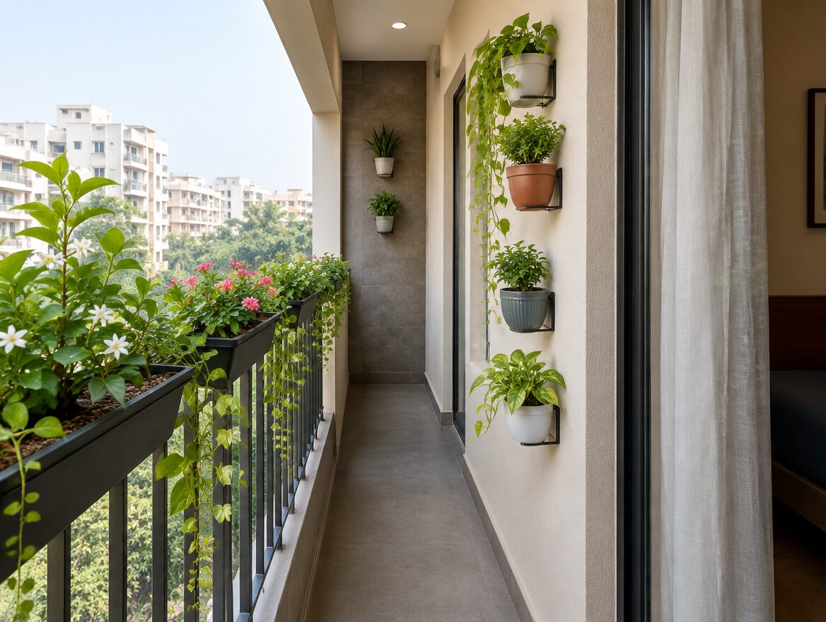 Vertical railing planters on a very narrow Indian apartment balcony, AI-generated illustrative render