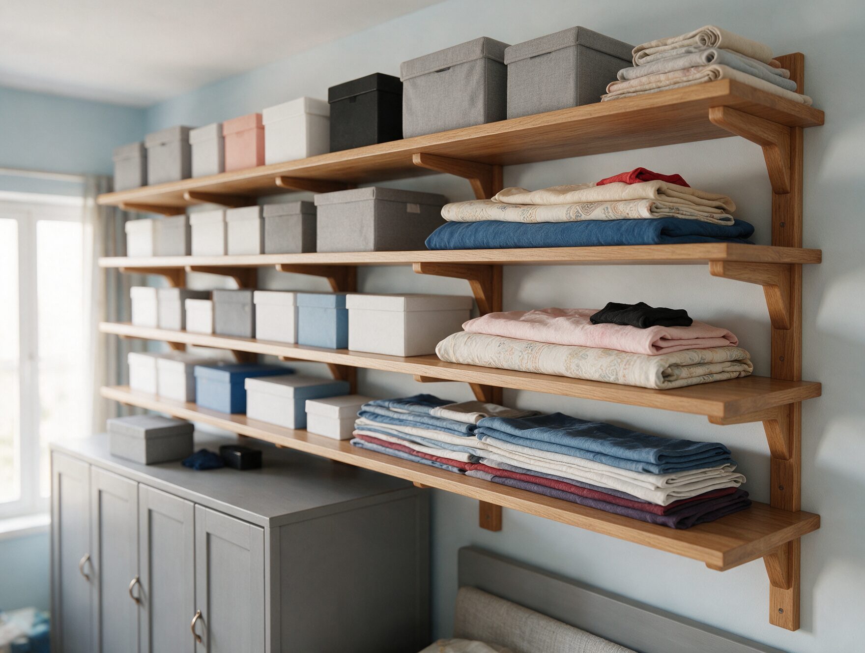 Small Bedroom Storage Ideas for Indian Apartments 3 Wall shelving above furniture in a small Indian apartment bedroom
