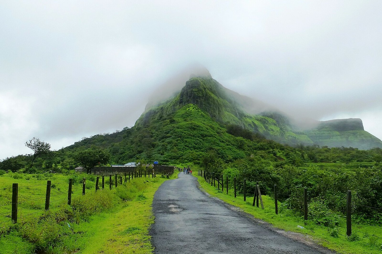 Visapur Fort rising above green slopes in the monsoon