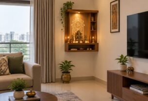 Wall-mounted open pooja shelf unit in an Indian apartment living room, AI-generated illustrative render