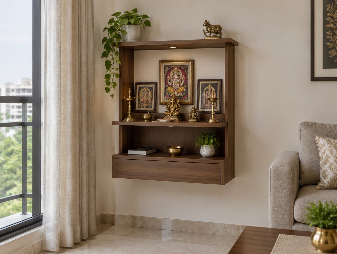 Small Pooja Room Designs for Indian Apartments 2 Wall-mounted open pooja shelf unit in an Indian apartment with an unlit diya lamp, AI-generated illustrative render