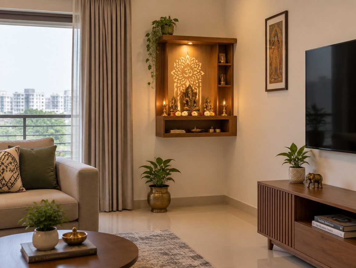 Wall-mounted open pooja shelf unit in an Indian apartment living room, AI-generated illustrative render