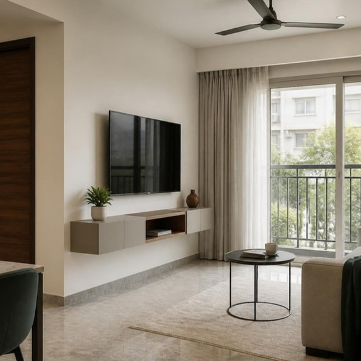 Small Living Room Ideas for Indian Apartments: Layouts, Seating and Storage 5 Small Indian apartment living room with a wall-mounted TV and floating storage shelf