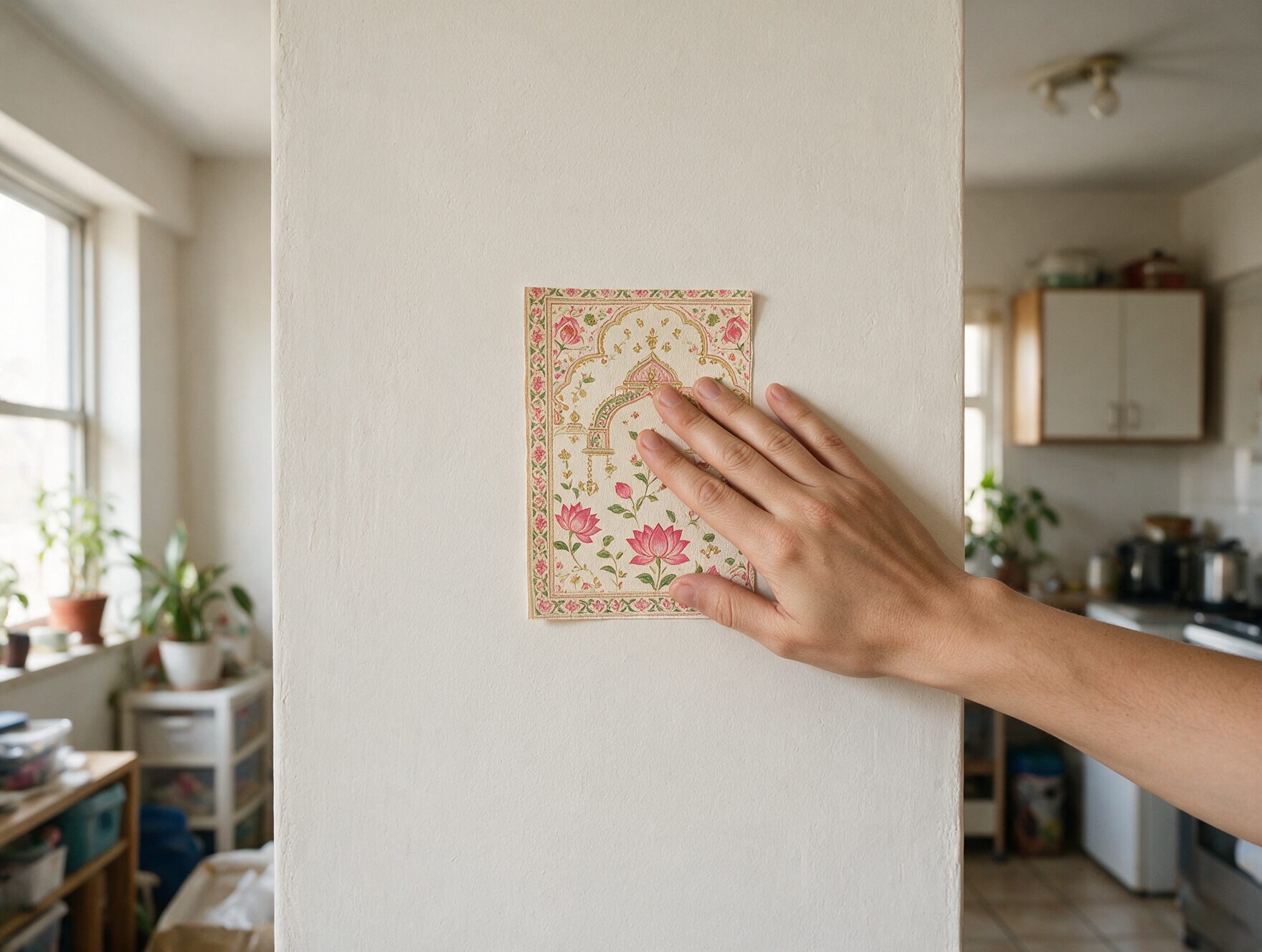 Peel-and-Stick Wallpaper for Indian Homes: What to Check Before You Buy 3 Testing a peel and stick wallpaper sample against a wall before buying a full order
