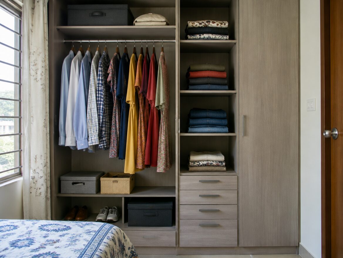 Wardrobe interior with hanging rail, shelves and drawers in a small Indian bedroom, AI-generated illustrative render