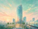 Generic illustration of a glass office tower beside an elevated train line, not an actual building or photograph