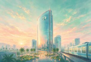Generic illustration of a glass office tower beside an elevated train line, not an actual building or photograph