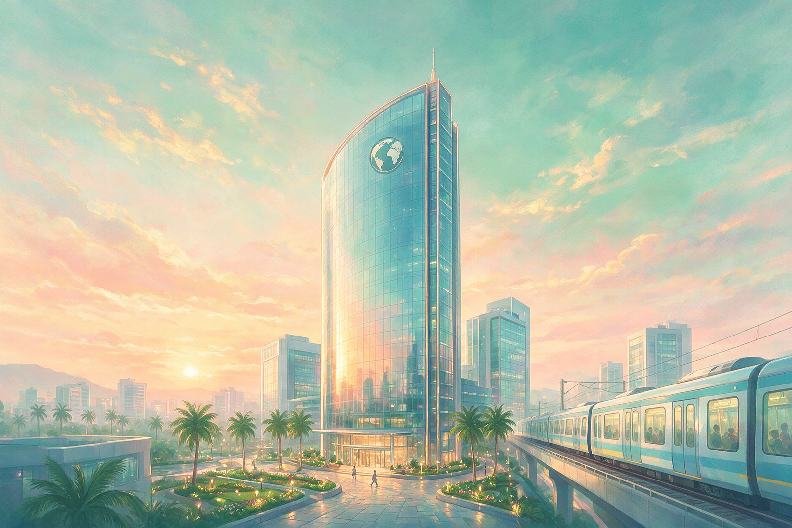 Generic illustration of a glass office tower beside an elevated train line, not an actual building or photograph